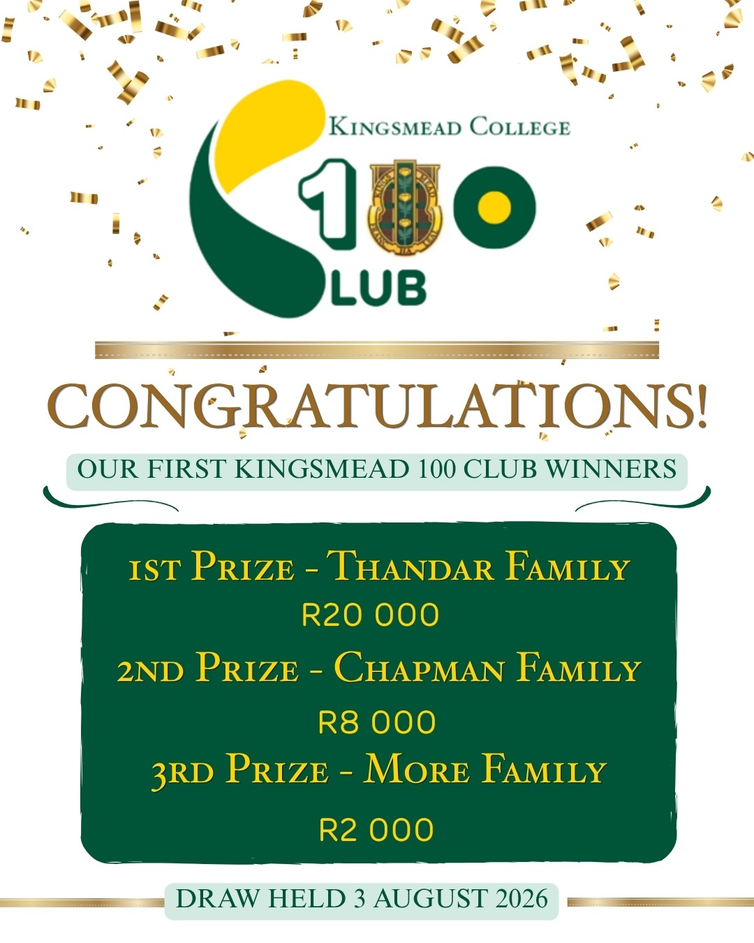 100 Club winners Aug FINAL Kingsmead College